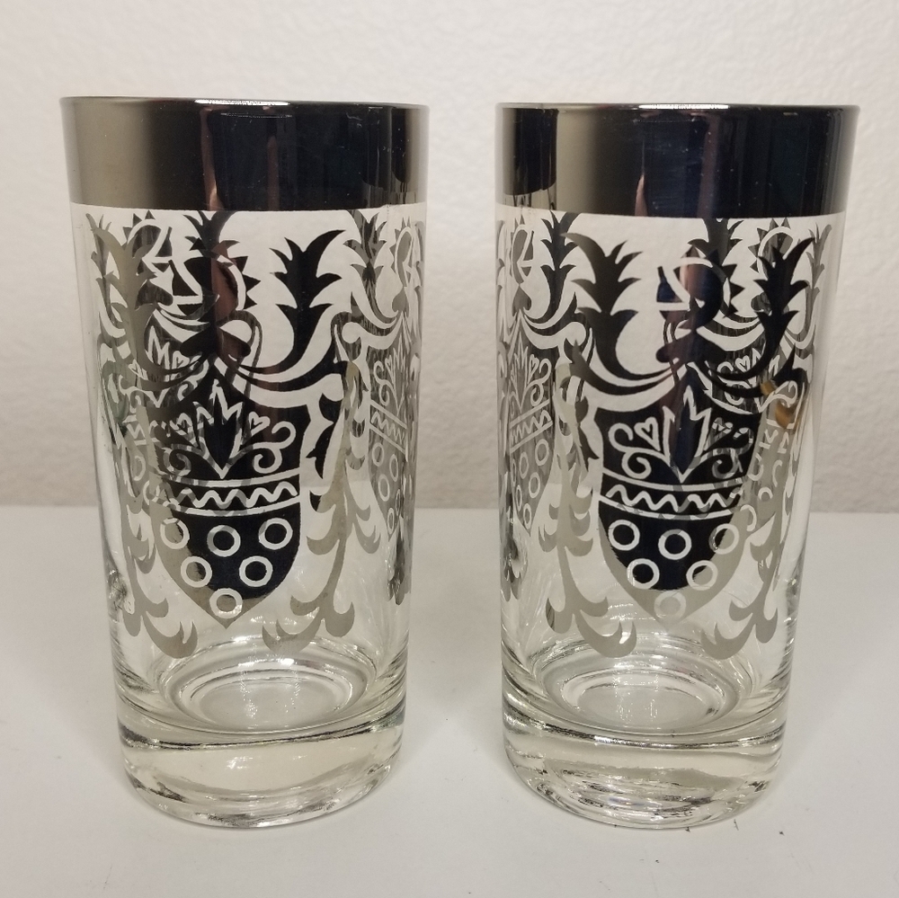Kimiko‎ Highball Glasses Silver Queens Crest Tumblers 12oz Artist Signed MCM
